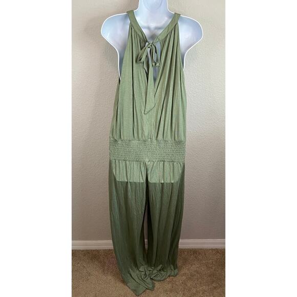 New Lascana Jumpsuit Women's 14 Green Wide Leg Relaxed Smocked Waist Tie Back - Picture 4 of 8